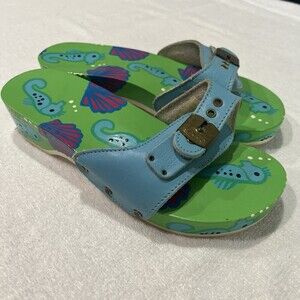 Vtg Dr. Scholl Blue Leather Wood Sole Sandal Seahorse Hand Painted 8 Festival